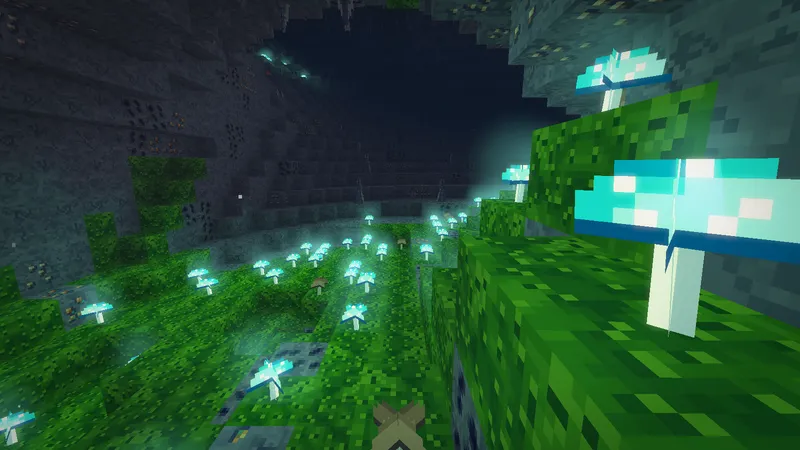 A glowcap garden underground: mossy floor and walls thick with glowing teal glowcaps, under a dark stone roof.