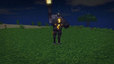 A Slagcaster at night: a hunched body of cooling slag on long backward-kneed legs, a jagged crack of fire for a face, its great arm raised over its head with a glowing lump of slag in its hand.