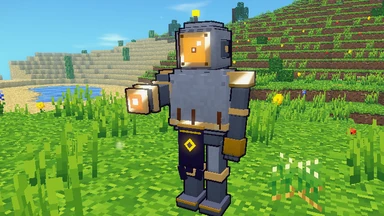 A Firstfolk Wright of pale tungsten and brass on a meadow, its great brass-rimmed lens glowing ember, its lens-cannon arm raised.