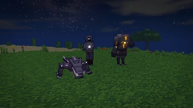 At night on a meadow: a hooded Waned with a splinter of light in its chest, a Slagcaster of glowing slag behind it and a Glintmaw low in the grass, its seams lit violet.
