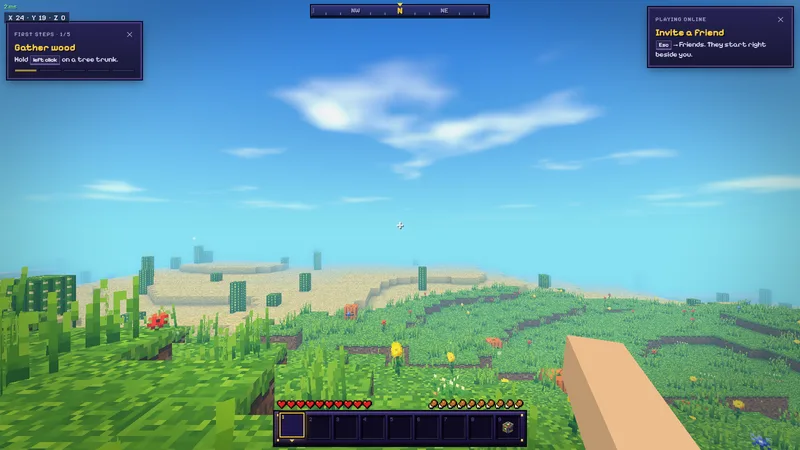 Gleamheart online: a sunny world beside a desert, with a Playing Online card at the top right titled Invite a friend: Esc, then Friends; they start right beside you.