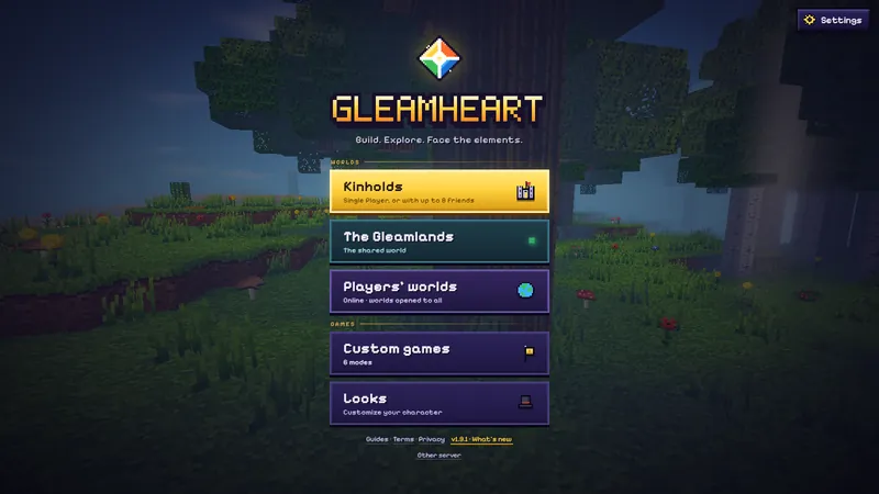 The Gleamheart title menu over a forest at dusk.