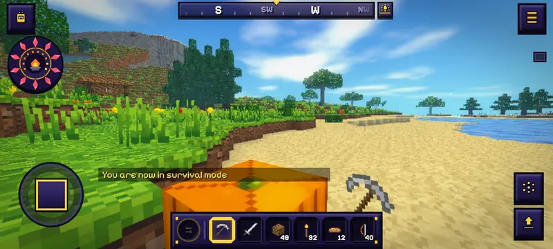 Gleamheart on a phone in landscape: the joystick at the bottom left, the jump button and the wheel button above it at the bottom right, the bag at the top left, the compass at the top and the menu button at the top right.