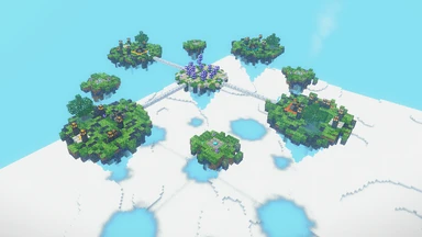 The Firstfolk Forgeholds from above: four team isles over the cloud sea, each with its Homefire, Forgewell and Armoury, the Dawnwell isles between them and the Moonwell at the heart.