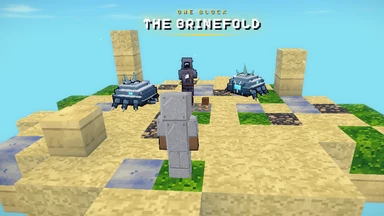 Under a One Block banner reading The Brinefold, a player in iron armour stands on a floating island of sand, sandstone, clay and gravel, two Shellbacks and a Waned ahead.