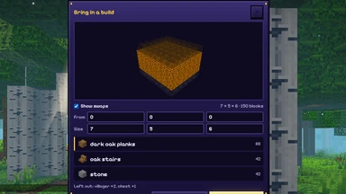 The Bring in a build window: a build turned in a 3D preview, swapped blocks lit gold, and the list of swaps under it.