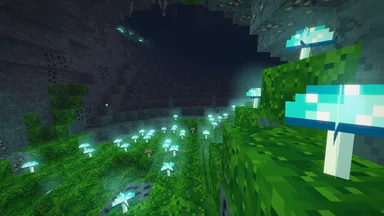 A glowcap garden underground, lit teal by glowcaps, its dark vault hung with fangs of rock.