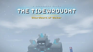 A cinematic title card over a Shardborn rising out of its cradle: A Shardborn wakes, THE TIDEWROUGHT.