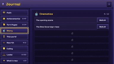 The Journal’s Story tab with its Cinematics list: each one you have seen, with Watch beside it.