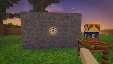 A Hearth Clock hung on a stone wall at dusk, a Firstfolk Dial on the table beside it.