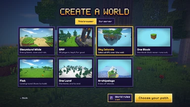 Create a world: seven cards with a picture each, Gleamland Wilds, SMP, Sky Islands, One Block, Flat, One Land and Archipelago, Sky Islands in gold.
