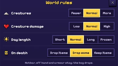 The World rules sheet with On death set to Drop some, between Drop items and Keep items, and under it: Hotbar, off hand and armour stay; the bag drops.