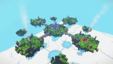 The Gleam Isles from above: four broken isles round the shattered Crystal, bridges between them, the cloud sea far below.