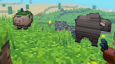 A Mossback piglet with moss on its back and a shaggy cow on a meadow by day.