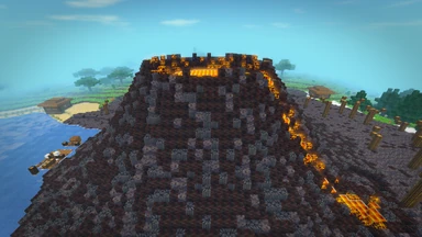 A dark cone of Scorchstone with lava glowing in its crater and running down one flank into an ash field.