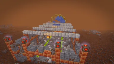A Lens Foundry in the rust-red haze of the Firstfolk Wastes: a ruined hall of brick and stone, its great blue lens cracked above it.