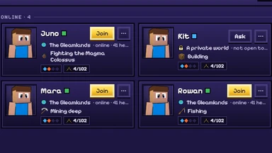 The Friends window: four friends online, what each is doing, and Join beside those in the Gleamlands.
