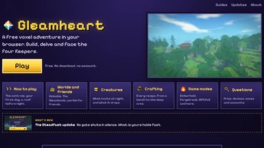 The front page of gleamheart.com: the name, Play, and cards for the guides.