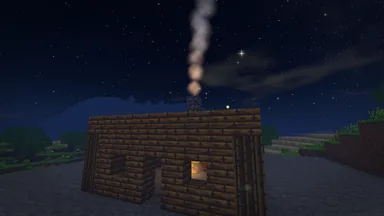 A hut of boards at night, smoke climbing from its stone chimney, lit orange from below.