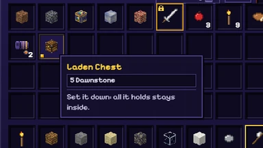 A Laden Chest in the bag, its tooltip: 5 Dawnspar. Set it down: all it holds stays inside.