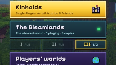 The title menu: The Gleamlands, 5 playing in 3 copies, and under it the room list: I Full, II Full, III with room.