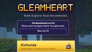 The title menu: The Gleamlands are full, places open as players leave, and one button, New world, above Kinholds.