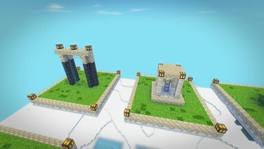 The Makers’ Grounds from above: isles of meadow ringed in skystone over the cloud sea, builds rising on them.