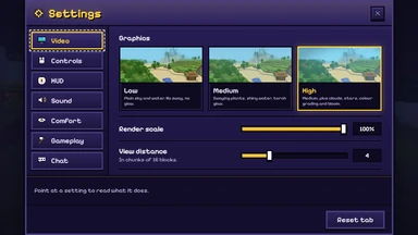 Settings open over the title menu: Video, Controls, HUD, Sound, Comfort, Gameplay and Chat.