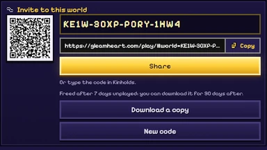The invite to a private world: its code, its link and Share, with New code at the foot.