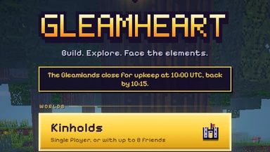The title menu, and under its name one line: the Gleamlands close for upkeep at 10:00 UTC, back by 10:15.