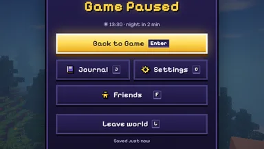 The pause menu, a key on each button: Enter, J, O, F and L.