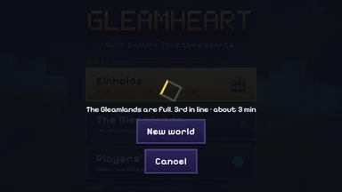 The loading screen: The Gleamlands are full, 3rd in line, about 3 minutes; New world and Cancel below.