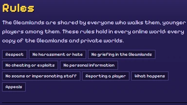 The Rules page: respect, no harassment or hate, no griefing in the Gleamlands, no cheating, no personal information.
