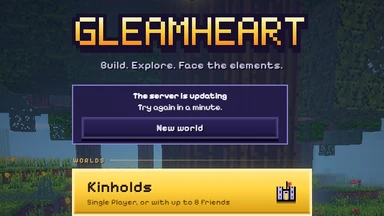 The title menu with a card: The server is updating, Try again in a minute, and a New world button.