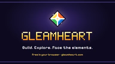 The share card: the four-coloured Gleamheart crest over the name GLEAMHEART in gold, and Build. Explore. Face the elements. in white.
