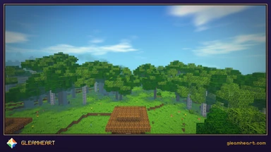A shared picture: a great forest under a blue sky, a cabin roof below, framed in night-purple with the Gleamheart mark.