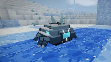 A Shellback in the shallows of the Frosted Lands, its plated brow lit cyan, ice spikes rising from its shell.