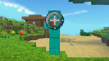 A player in Dawnspar armour stands on a grassy rise with a Rimeiron shield raised in front of the chest, its face toward the viewer, a wooden cabin and a tall tree behind.