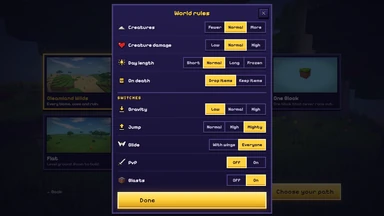 The World rules sheet: under Switches, Gravity Low, Jump Mighty, Glide Everyone, PvP Off.