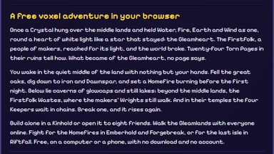 Below Gleamheart’s title menu, a night-purple panel edged in gold: the tale of the Crystal and its heart of light, what waits in the land, and gold links to the guides.