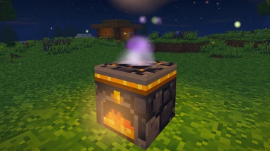 A Homefire at night, a violet-white flame burning in its flue and violet embers rising into the dark.