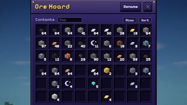 A wide chest named Ore Hoard, Rename at its top: six rows of coal, iron, copper, gold, wanestone and five Dawnspar, and Find beside Contents.