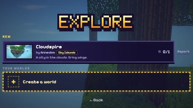 Players’ worlds: under New, Cloudspire by its owner, a Sky Islands world with no one in it yet, its picture beside it and Report at the edge.