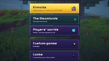 The title menu: Worlds (Kinholds, The Gleamlands, Players’ worlds) above Games (Custom games, Looks).